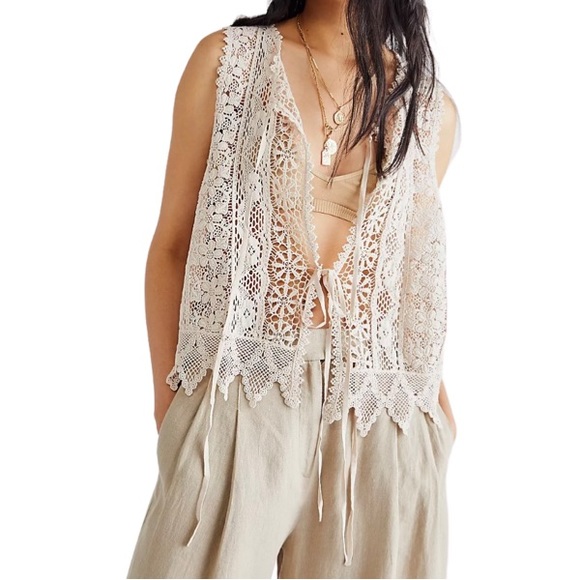Free People Jackets & Blazers - Free People Cream Leah Lace Crochet Vest